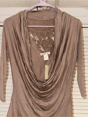 Ardene Taupe Draped Cowl Neck Top with Floral Lace Back